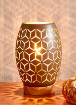 Tafellamp met metalen lampenkap en houten voet BRUIN-GOUD