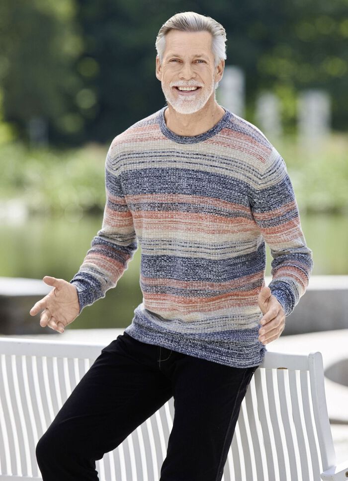 Aantrekkelijke trui met ronde hals MARINE-ORANGE-BEIGE MELIERT