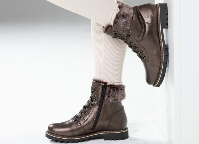 Remonte enkellaarzen met veters en pluche kraag DONKERBRONS