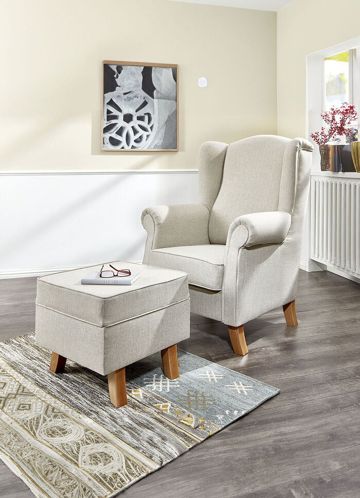 Oorfauteuil met kruk BEIGE/BEUKEN