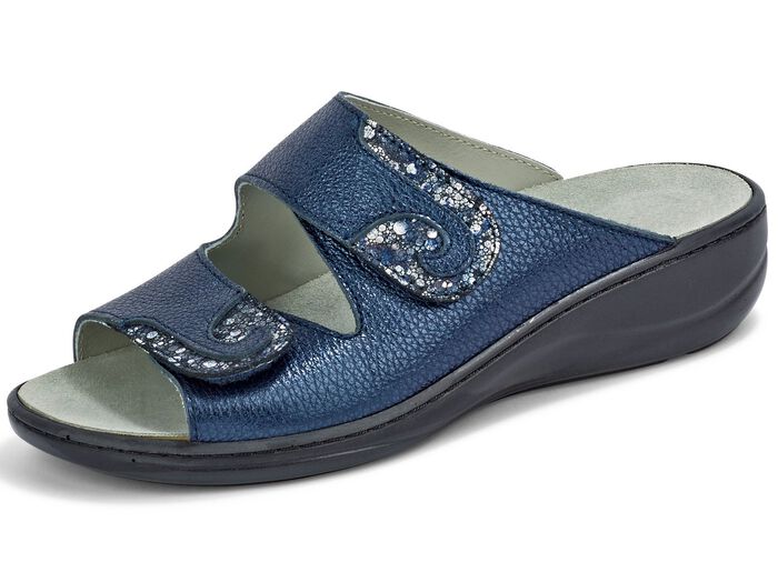 Mubb, comfortabele damesmuiltjes, breedte H, met uitneembaar voetbed STAALBLAUW