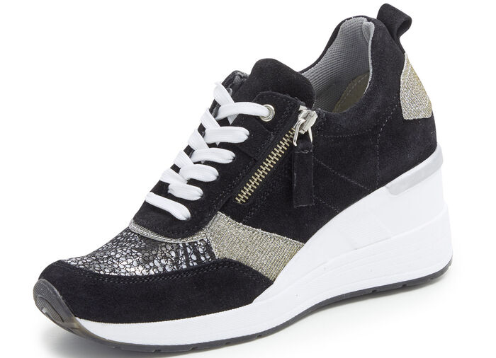 ELENA EDEN veterschoen met glanzend bedrukt elastisch materiaal ZWART