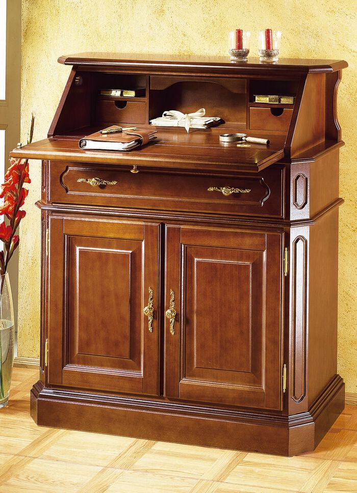 Secretaressebureau met elegante, goudkleurige metalen handgrepen NOTENBOOM