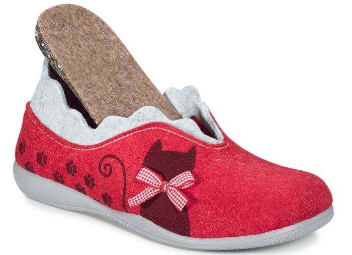 Laurina vilten pantoffels met een brutale kattenprint ROOD-LICHTGRIJS