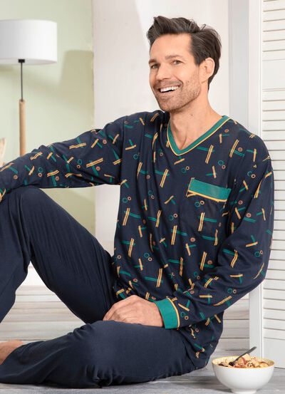 Pyjama met bovenstuk met patroon, V-hals en borstzak 