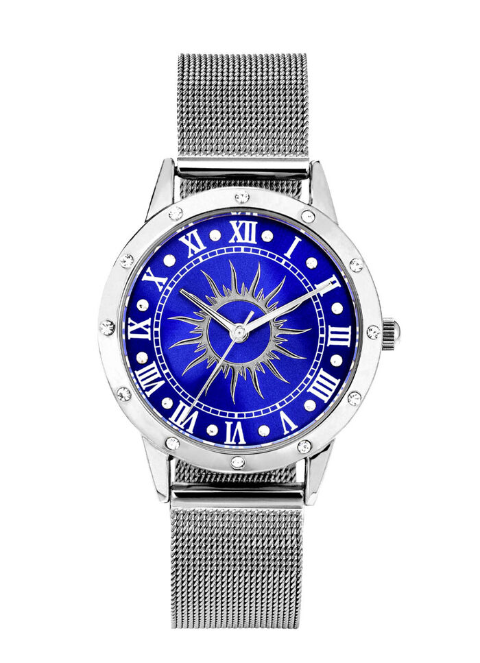 Zilverkleurig dameshorloge met zonnemotief en kristalaccenten 