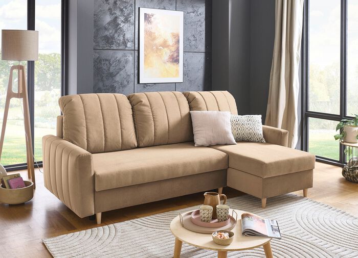 Gestoffeerde hoek met bedfunctie en bedkast BEIGE