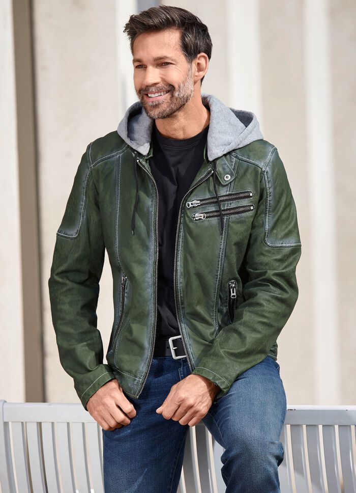 Leren kort jasje met capuchon 