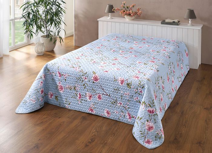 Sprei en kussenslopen met bloesemranken BLAUW-MULTICOLOR