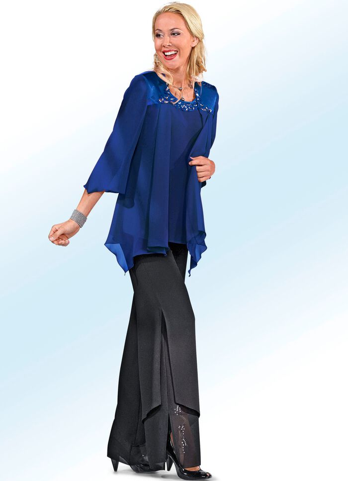 2-delige blouseset met glanzende satijnen bies KONINGSBLAUW