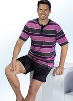 Shorty van biologisch katoen met garen geverfd streepjesmotief, knoopsluiting en borstzakje