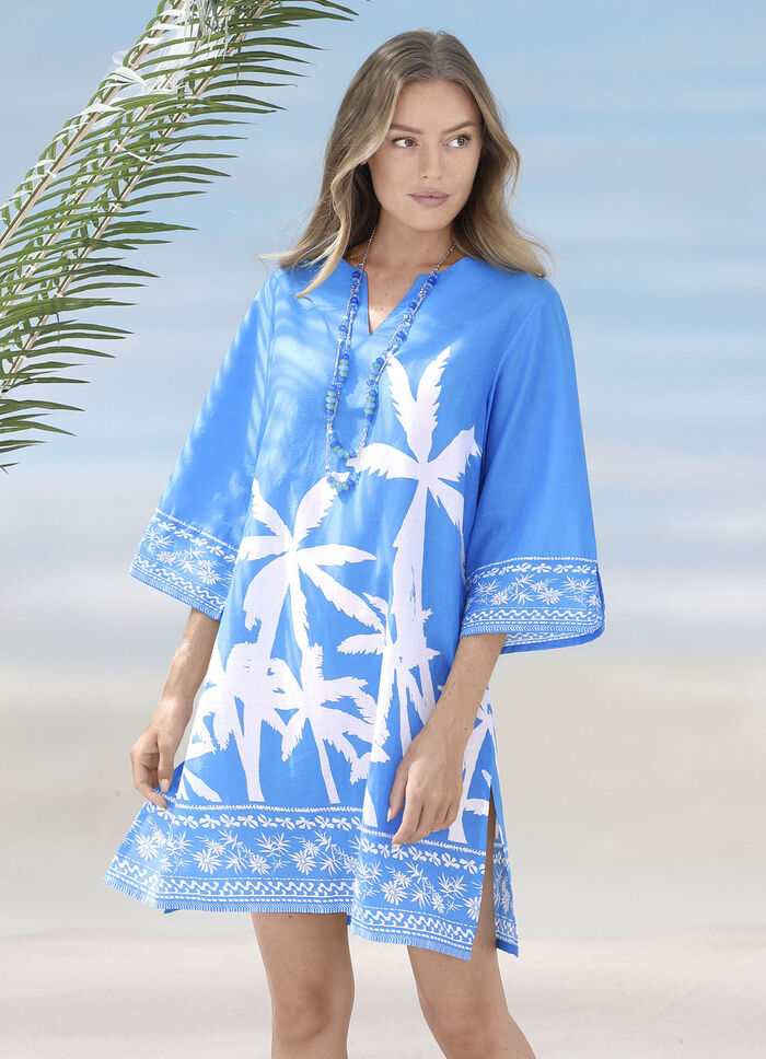 Tuniek met palmprint, puur katoen BLAUW-WIT