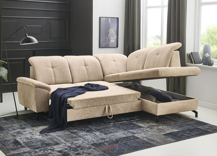 Moderne gestoffeerde hoek met bedfunctie en bedkast BEIGE