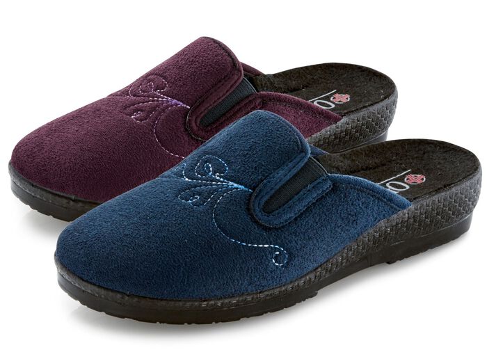 Tweepack klassieke damespantoffels, breedte H, met elastische band 1x MARINE 1x CHIANTI