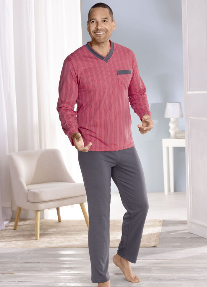 Pyjama met strependessin, V-hals en borstzakje 