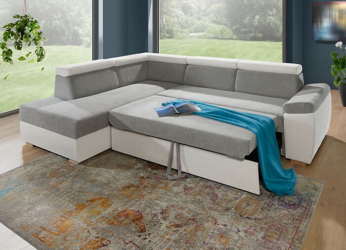 Gestoffeerde hoek met bedfunctie en verstelbare hoofdsteunen GRIJS-WIT