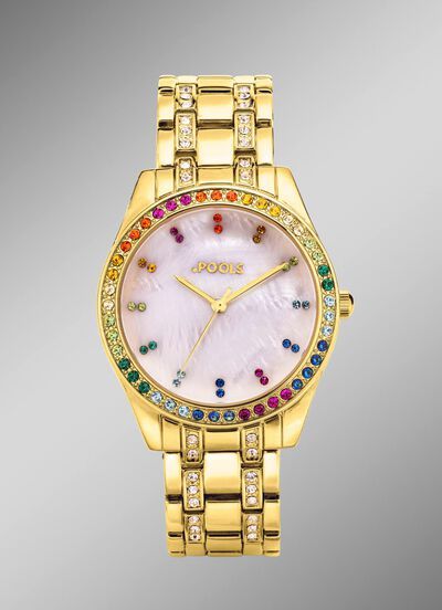 Pools quartz dameshorloge met metalen bandkast 