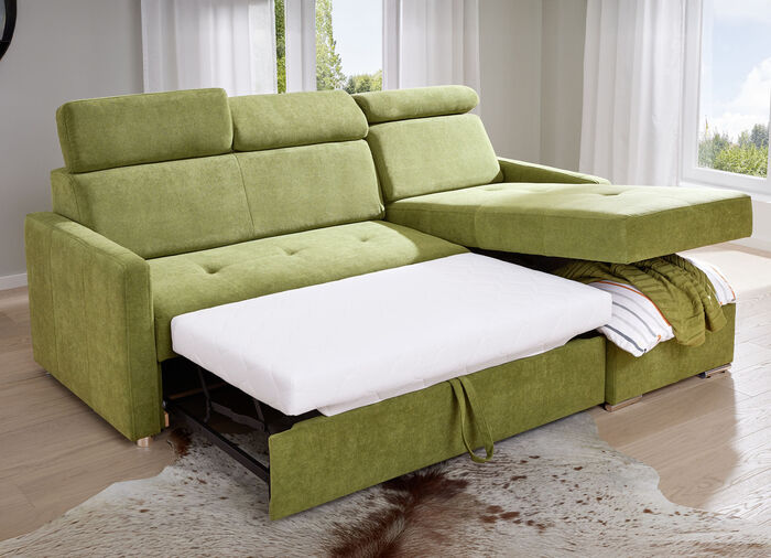 Hoekbank met slaapfunctie, met links of rechts monteerbare ligbank GROEN