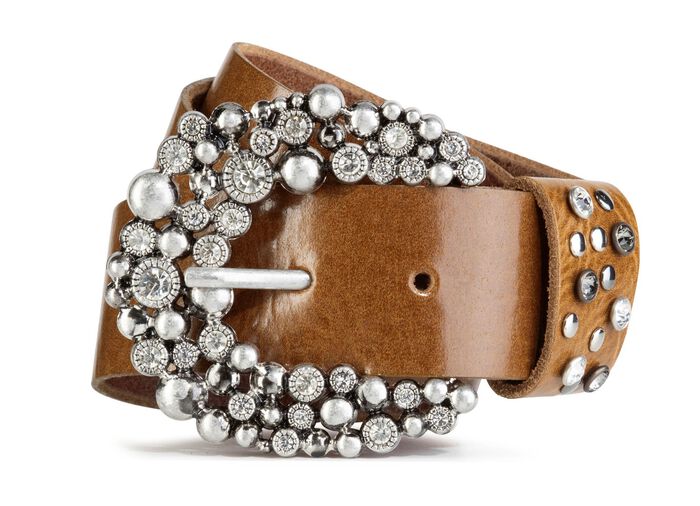 Leren riem met strass steentjes COGNAC
