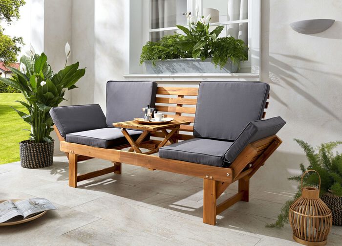 Functioneel bankje van acaciahout inclusief kussens 