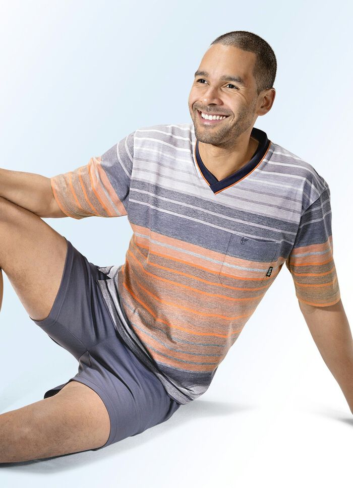 Hajo Klima comfort shorty met garengeverfd gestreept dessin en V-hals 