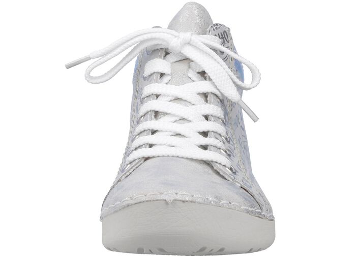 Rieker veterlaarsje van origineel bedrukt synthetisch materiaal ZILVER-GRIJS-BLAUW