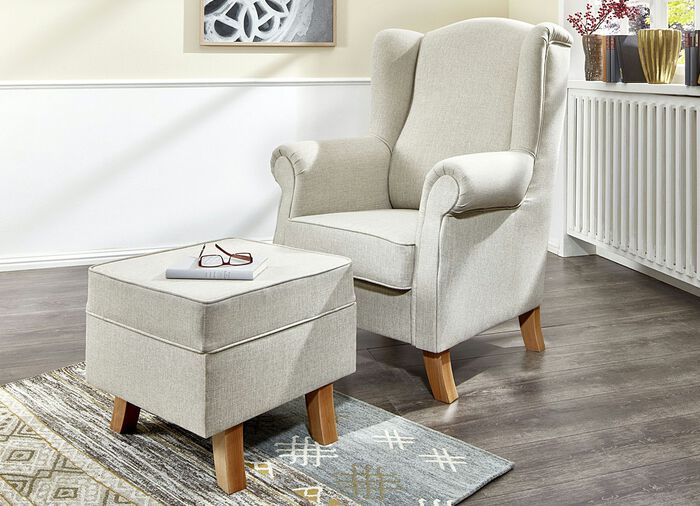Oorfauteuil met kruk BEIGE/BEUKEN