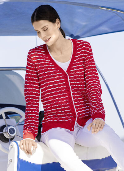 Cardigan met fijne streepjes en opengewerkte ruiten 