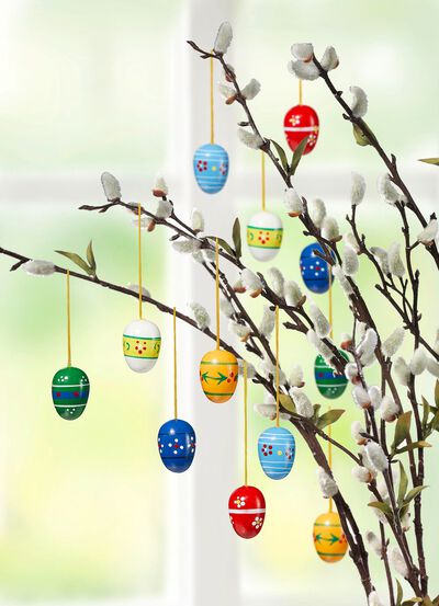 Houten eieren met veermotief, set van 12 