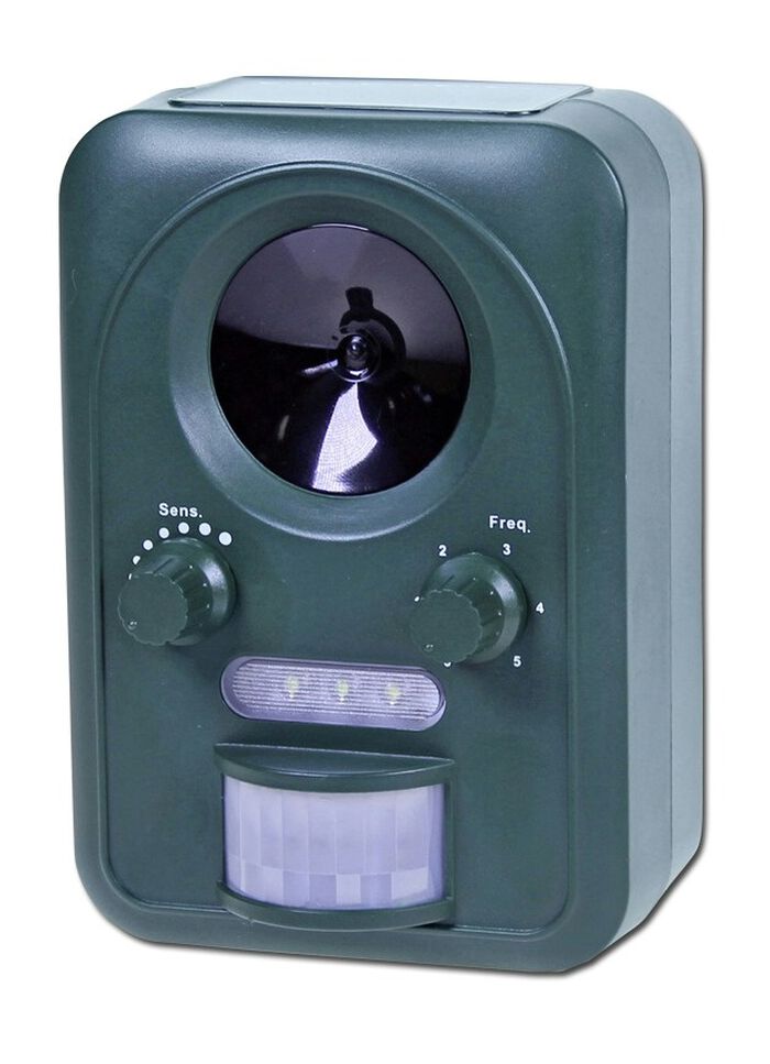 Universeel dierenafschrikmiddel op zonne-energie met echografie en flitslicht 