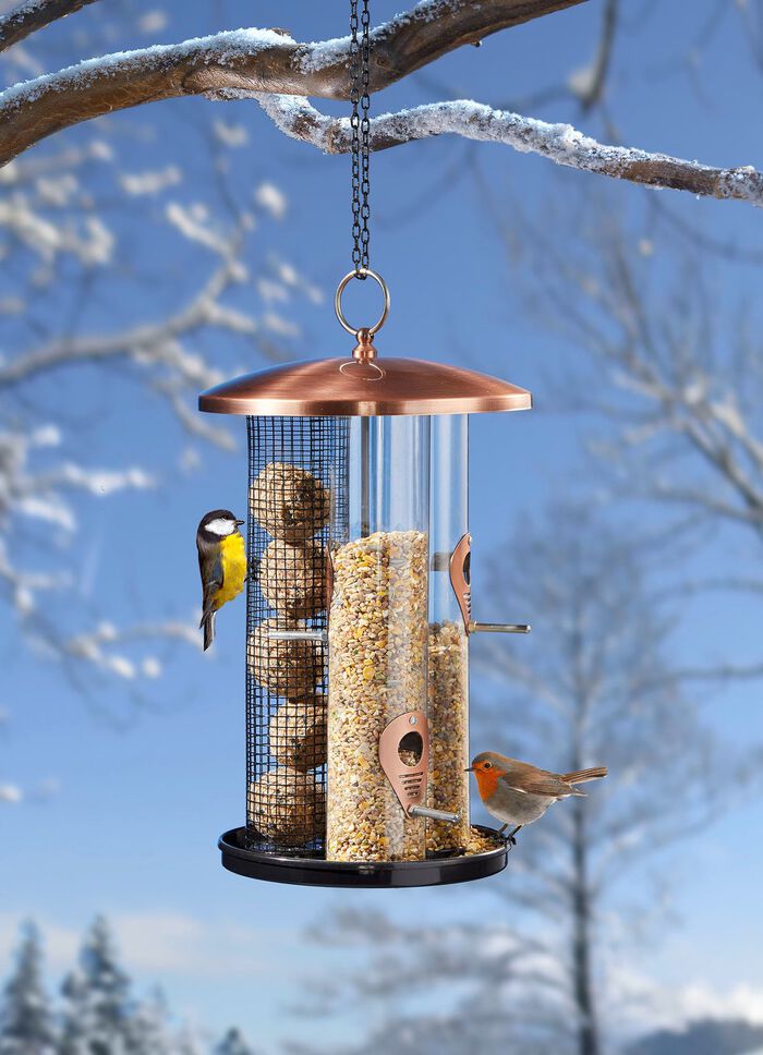 Trio vogelvoederzuil in koperlook 