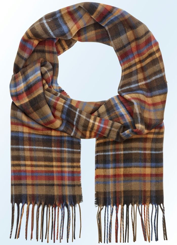 Aantrekkelijke geruite sjaal DONKERBRUN-MESSING-TERRACOTTA-BLAUW