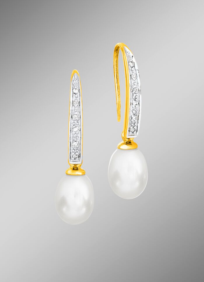 Oorhaken met diamanten en zoetwaterkweekparels 