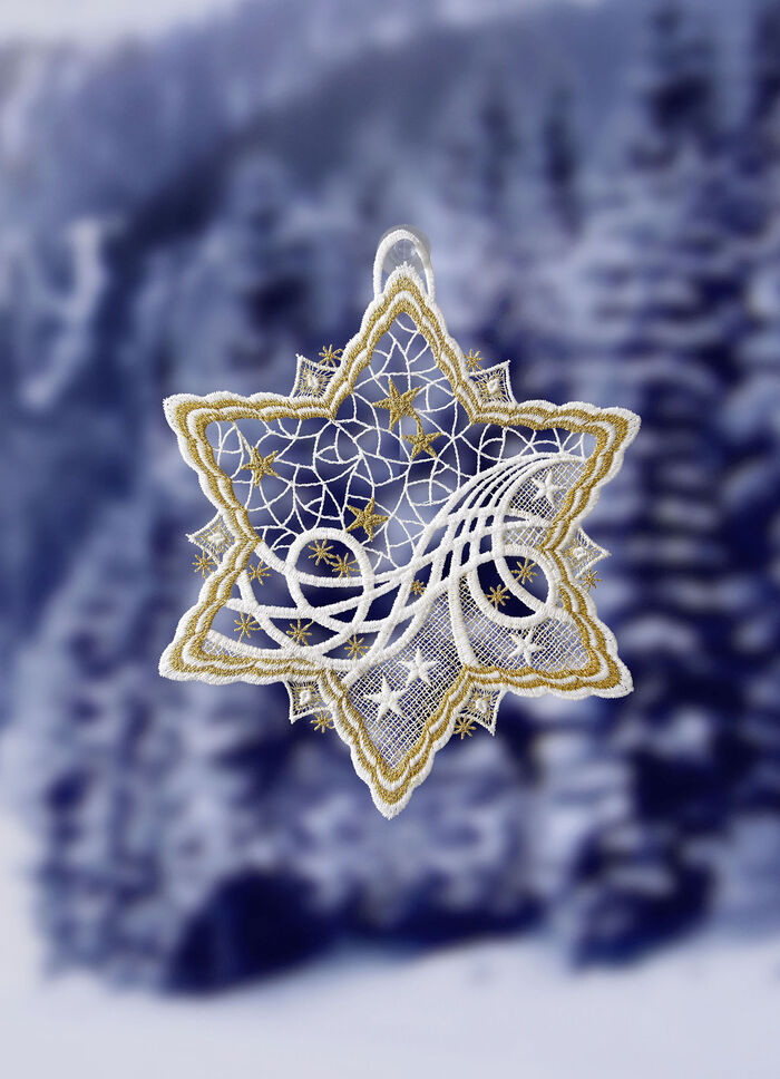 Stervormig raamschilderij van echt Plauen-kant 