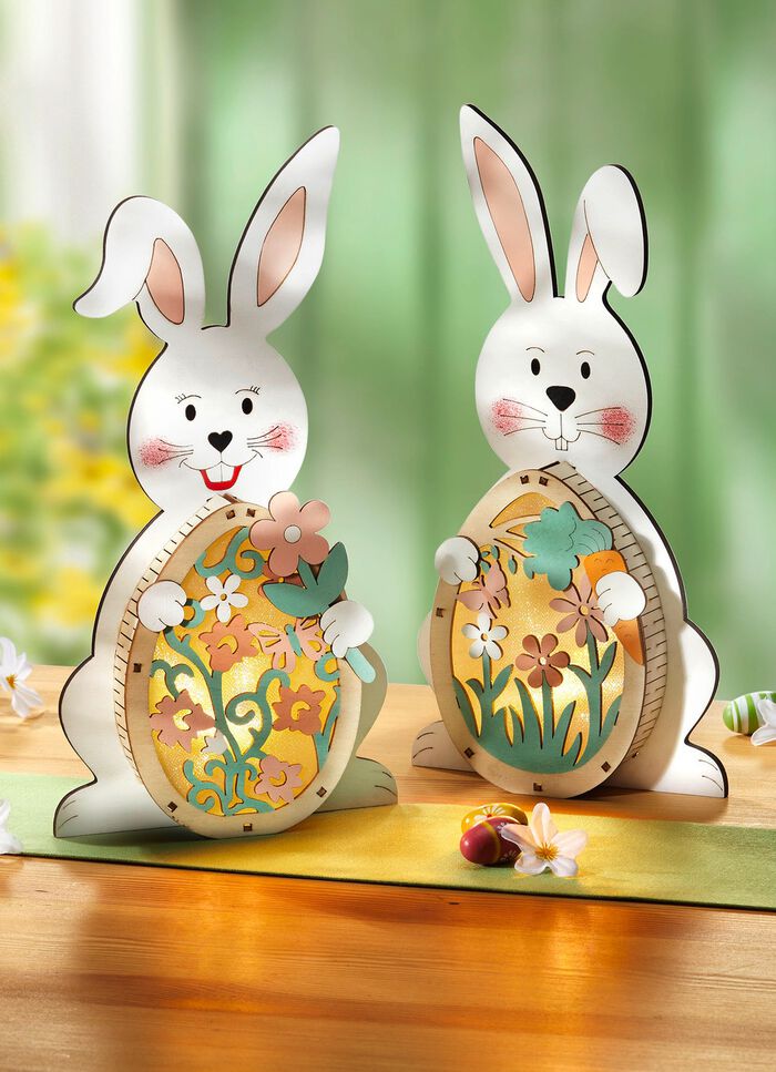 Verlichte houten konijnen, set van 2 