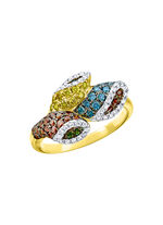 Bloesemvormige damesring met gekleurde briljanten 