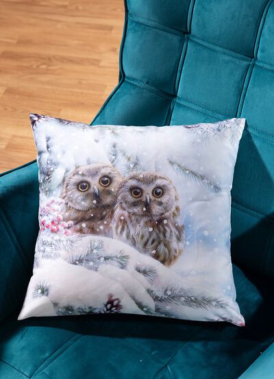 Kussenhoes in fluweellook met sneeuwuilmotief 