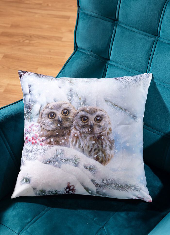 Kussenhoes in fluweellook met sneeuwuilmotief 