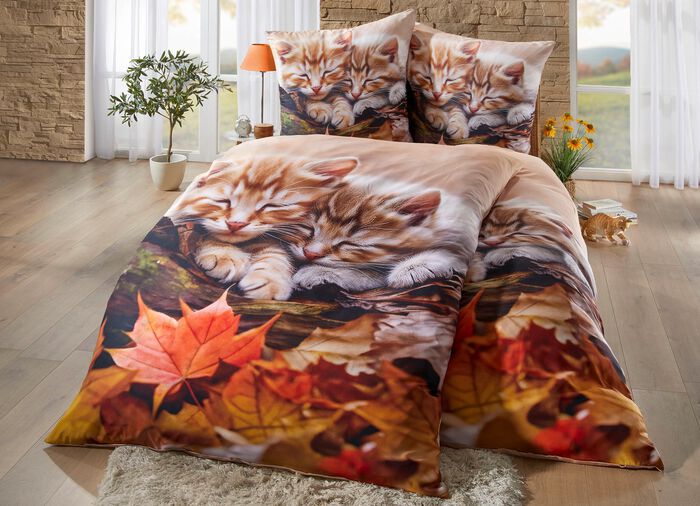 Beddengoedset met kittens in herfstbladerenmotief 