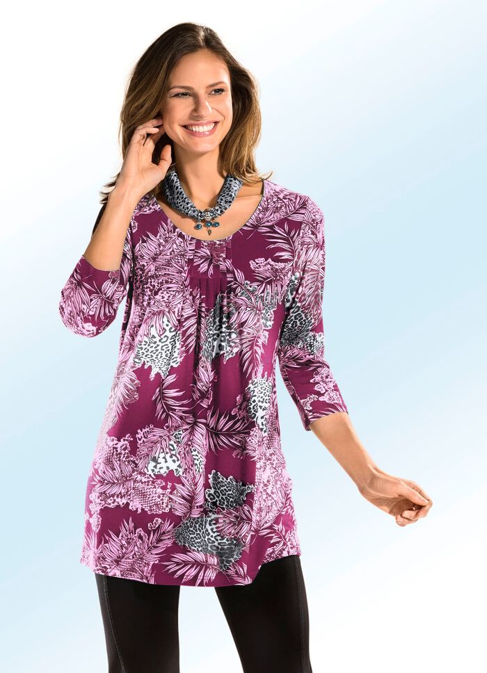 Lang shirt met all-over dessin in 3 kleuren FUCHSIA