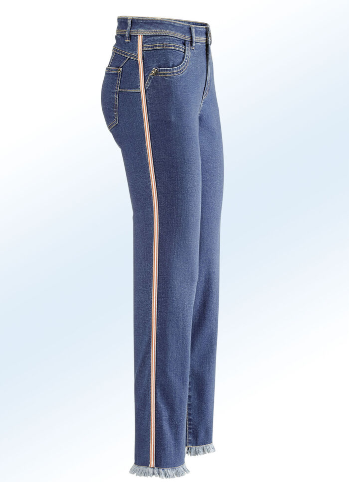Jeans met een modieuze sierband JEANS BLAUW-ECRU-ORANJE