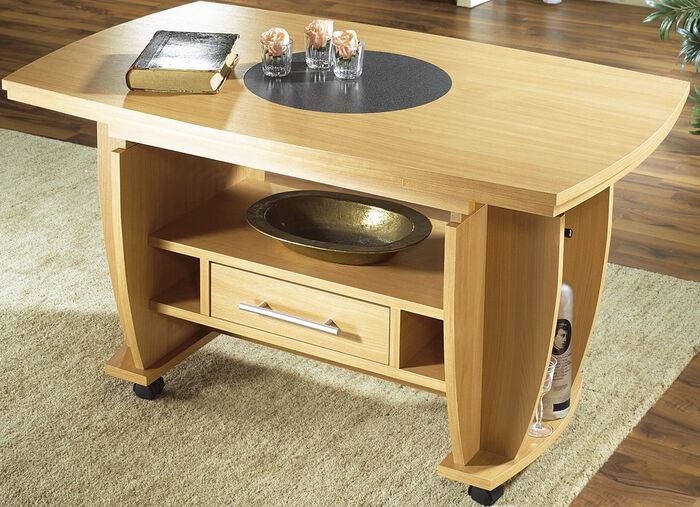 Salontafel op wielen met steenlook inleg 