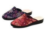 Set van twee gevoerde damespantoffels, breedte H, met textielprint 1X BORDEAUXROOD, 1X MARINEBLAUW