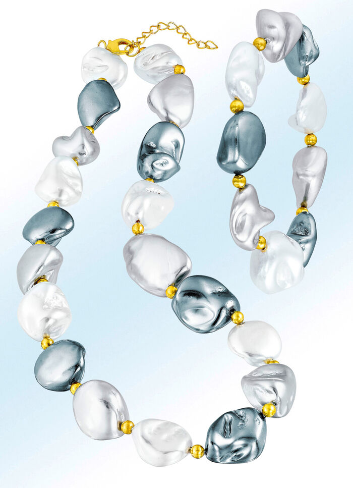 2-delige sieradenset van schelpparel wit-grijs-zilver