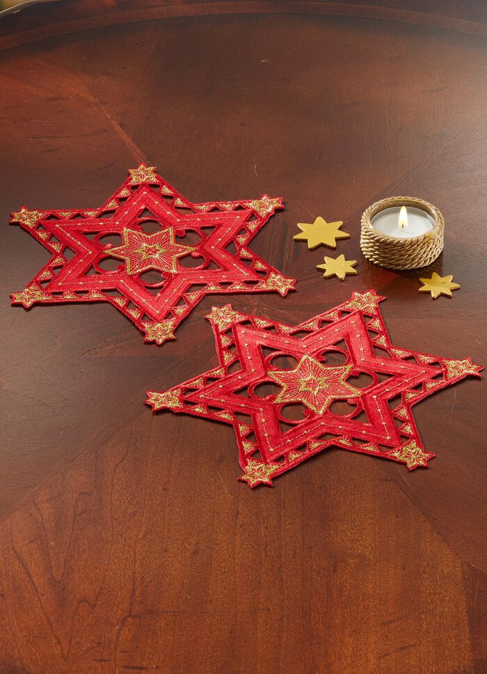 Geborduurde, feestelijke tafeldecoratie ROT-GOLD