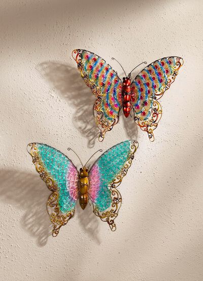 Wanddecoratie 'Vlinder', van metaal, set van 2 