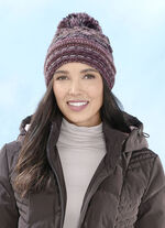 Grofgebreide muts met wollen bobbel BORDEAUX-ROZE