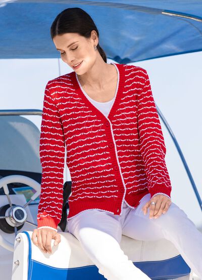 Cardigan met fijne streepjes en opengewerkte ruiten 