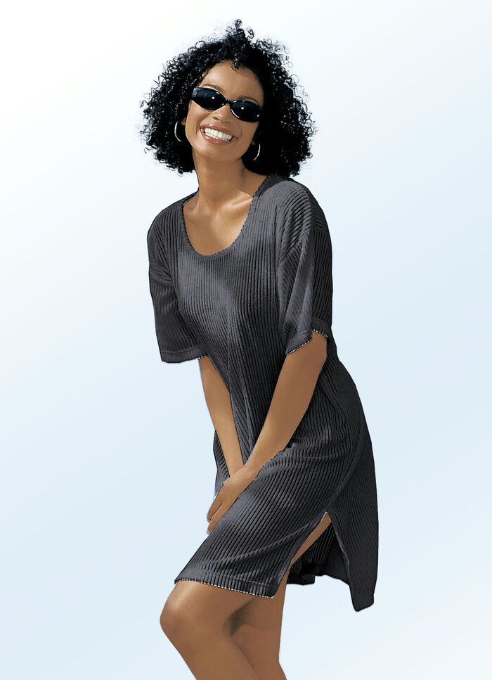 Jurk van badstof met een gestreepte structuur en korte mouwen ZWART