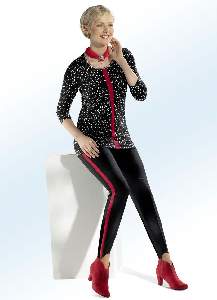 Broek met voetbandjes en contrasterende galonstrepen ZWART-ROOD